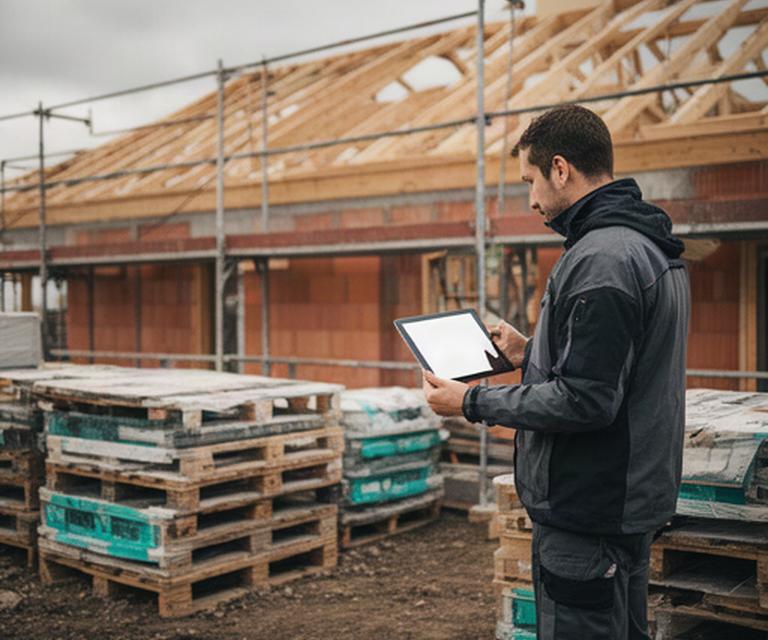 Bauleiter mit Tablet auf einer Baustelle in Emmen neben Materialpaletten und Rohbau
